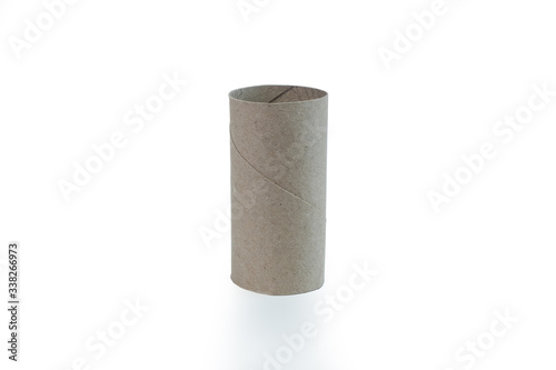 Empty toilet paper cardboard tube isolated on white background with soft shadow