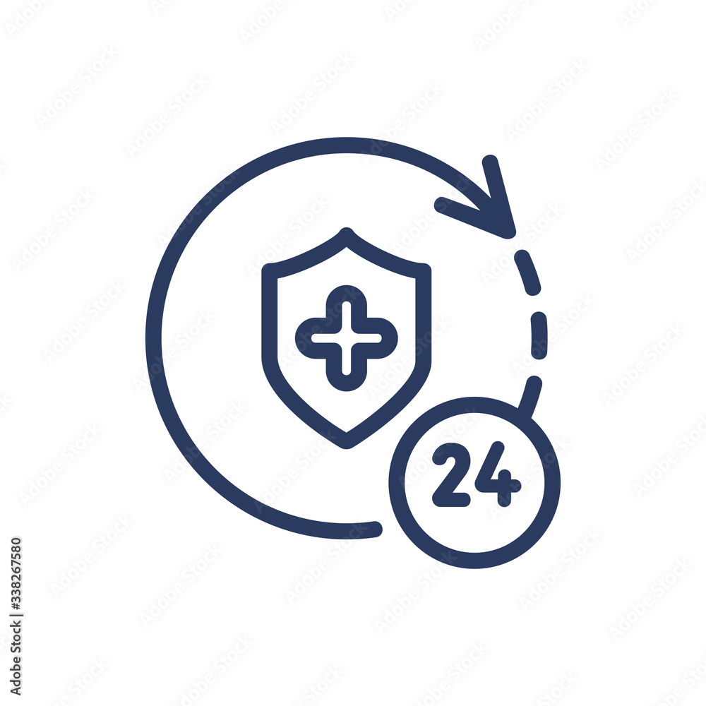 Round-the-clock support thin line icon. Twenty-four hour assistance isolated outline sign. Insurance and emergency concept. Vector illustration symbol element for web design and apps Round-the-clock support thin line icon. Twenty-four hour assistance isolated outline sign. Insurance and emergency concept. Vector illustration symbol element for web design and apps