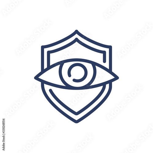Security shield with eye thin line icon. Emblem, watching, assurance isolated outline sign. Protection and insurance concept. Vector illustration symbol element for web design and apps