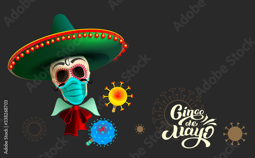 Cinco de mayo skull in sombrero on black background text template greeting card photo