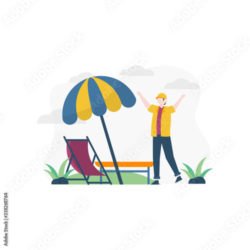 summer vacation people go to the beach to sunbathe and party vector illustration, suitable for landing page, ui, website, mobile app, editorial, poster, flyer, article, and banner