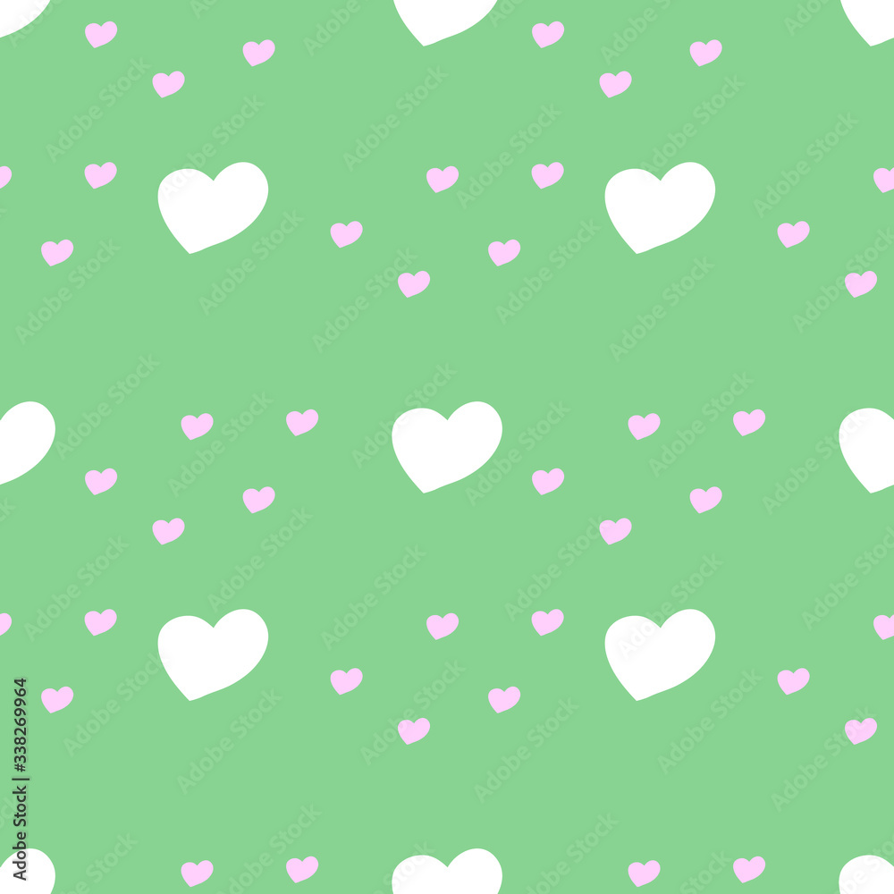 Seamless pattern with  hearts on a green background. Vector illustration.