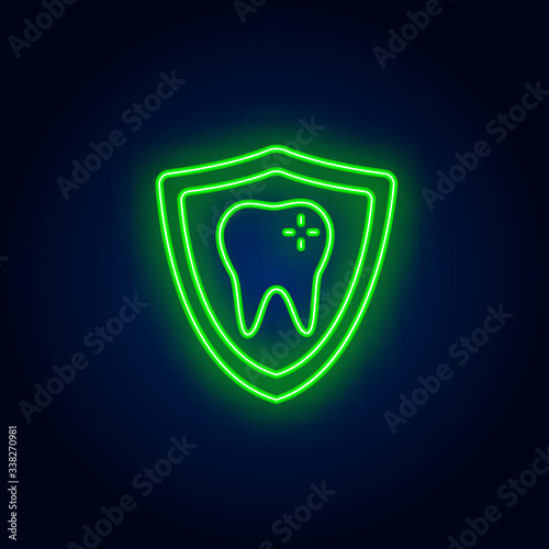 Tooth with protection shield neon sign. Stomatology and dental clinic advertisement design. Night bright neon sign, colorful billboard, light banner. Vector illustration in neon style.