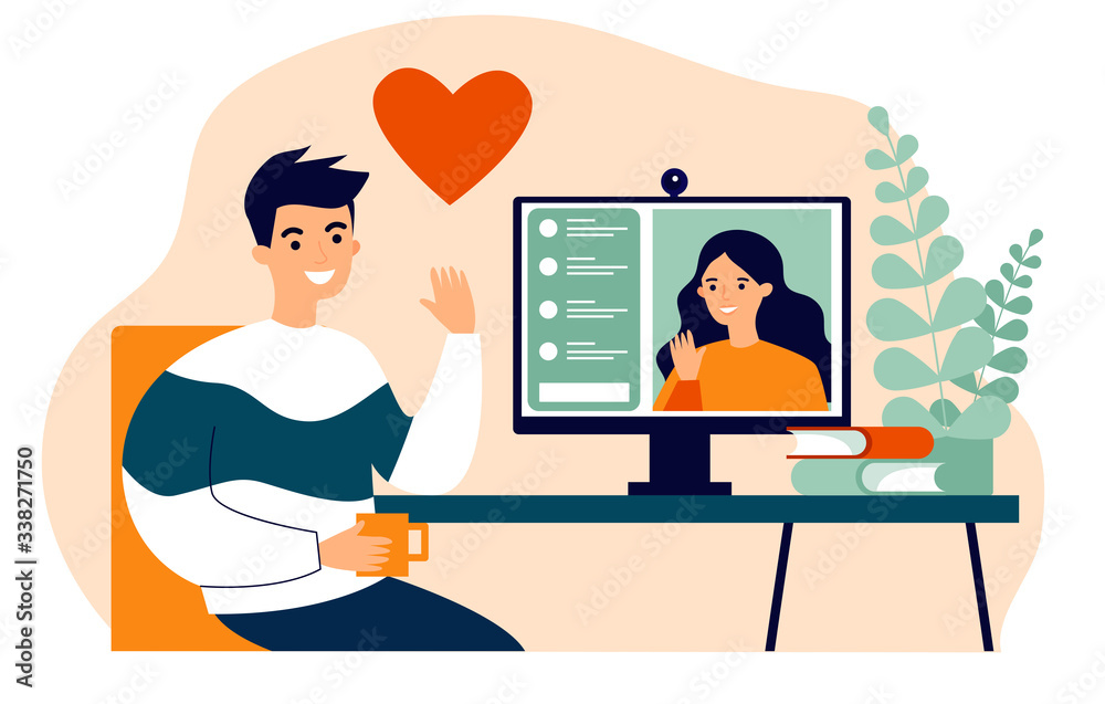 Happy people dating online flat vector illustration. Young man and woman chatting via laptop computer. Social media and communication concept. Happy people dating online flat vector illustration. Young man and woman chatting via laptop computer. Social media and communication concept.