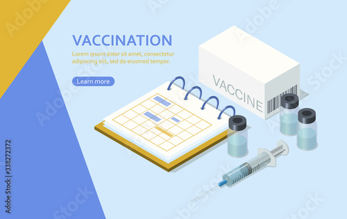 Vaccination concept. Flat isometric vector illustration for web banner, infographics, landing page, poster, flyer.