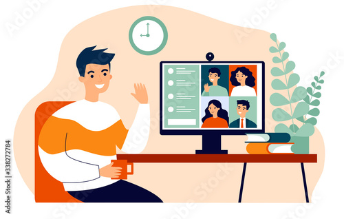 Worker using computer for collective virtual meeting and group video conference. Man at desktop chatting with friends online. Vector illustration for videoconference, remote work, technology concept