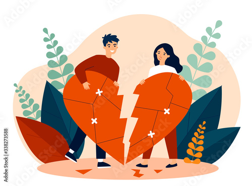 Smiling couple restoring broken heart flat vector illustration. Happy man and woman solving problems and returning their love. Relationship and romance concept.