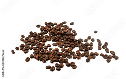 A roasted coffee beans texture background. Coffee beans. Distributed on a white background. 