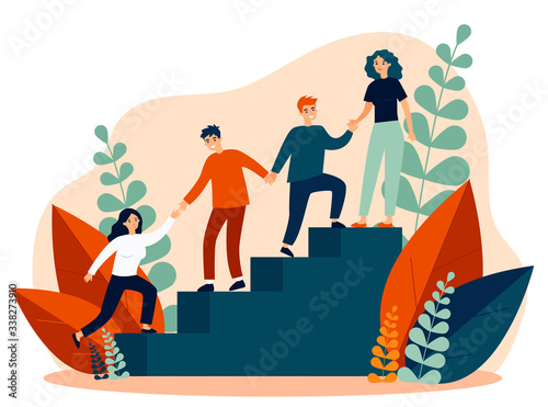 Happy young employees giving support and help each other flat vector illustration. Business team working together for success and growing. Corporate relations and cooperation concept.