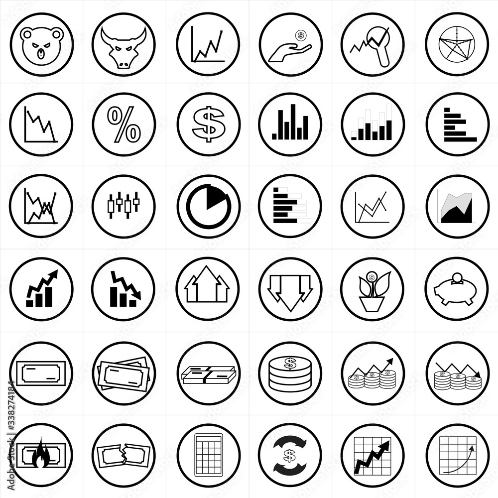 Stock trading icons set, stock market and financial analysis Stock trading icons set, stock market and financial analysis
