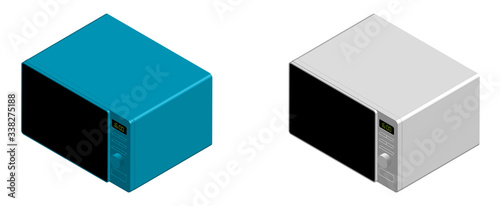 white and blue microwave in isometric view. Isolated vector on white background