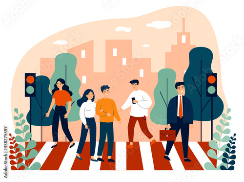 Pedestrians crossing city street at traffic lights. Office people walking across avenue. Vector illustration for road, city, lifestyle, crosswalk concept