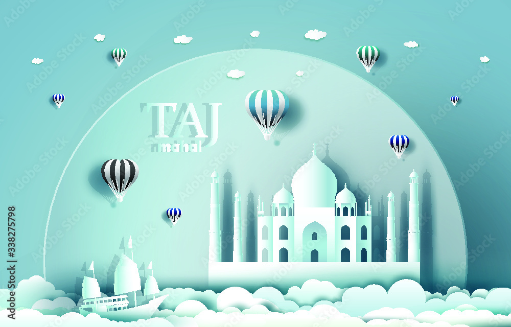 Modern art, symbol, logo. World famous landmark series: Taj Mahal the main tourist attraction in Agra and ancient palace in India, Vector illustration  silhouette on sunrise and sunset paper cut style