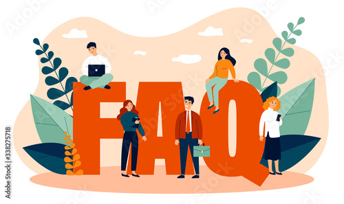 FAQ giant letters. Frequently asked questions page template. Users searching useful information, instruction for problem solving. Vector illustration for help, support, assistance concept