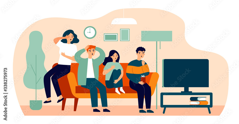 Group of friends watching scary movie flat vector illustration. Cartoon people sitting at sofa together and watching horror via TV. Friendship and leisure concept. Group of friends watching scary movie flat vector illustration. Cartoon people sitting at sofa together and watching horror via TV. Friendship and leisure concept.