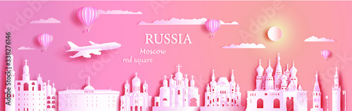Travel Russia top world famous symbol ancient architecture. Modern business brochure design on pink color background.Tour moscow landmark of europe with paper origami.Vector illustration for postcard.
