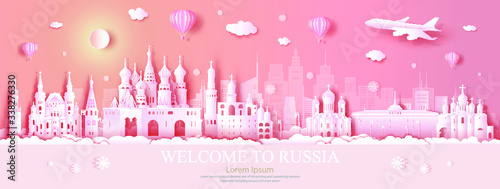 Travel Russia top world famous city ancient and palace architecture. Tour moscow landmark of europe with paper origami. Modern business brochure design on pink color background.Vector illustration.