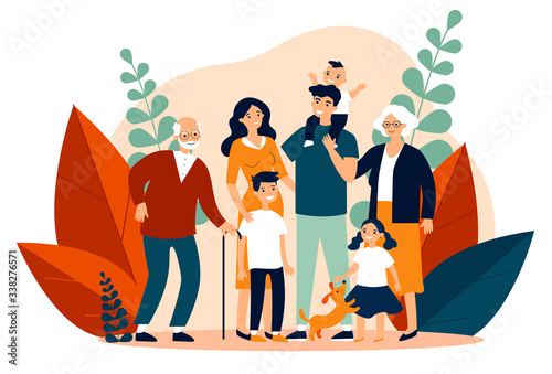 Happy big family standing together flat vector illustration. Grandma, grandpa, mom, dad, children, and pet. Smiling cartoon characters gathering in group.