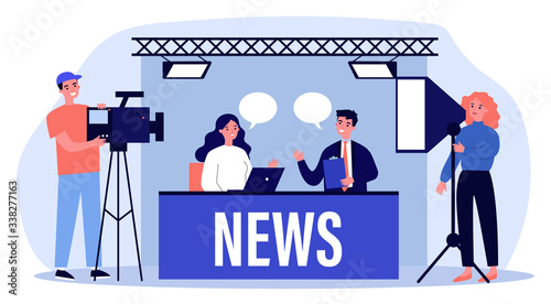 People on TV studio making news flat vector illustration. Backstage crew with cameras shooting desk with newscasters. Show and social media concept