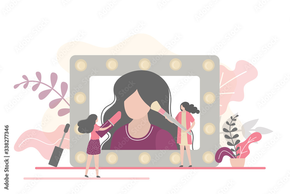 Beauty salon concept banner. Women in beauty studio making make up. Fashion and glamour girls.