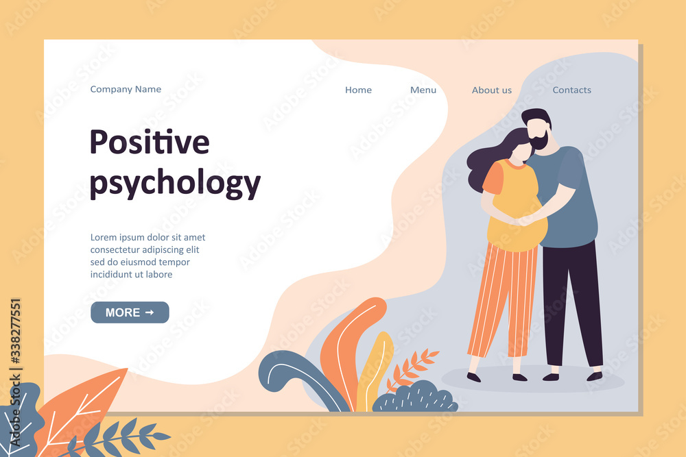 Positive psychology landing page template. Handsome man and pretty woman expecting a baby.