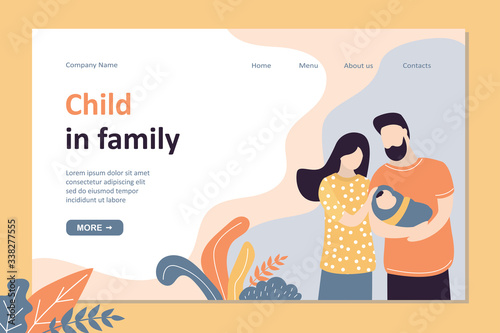 Child in family landing page template. Handsome man and beauty woman holds newborn baby.