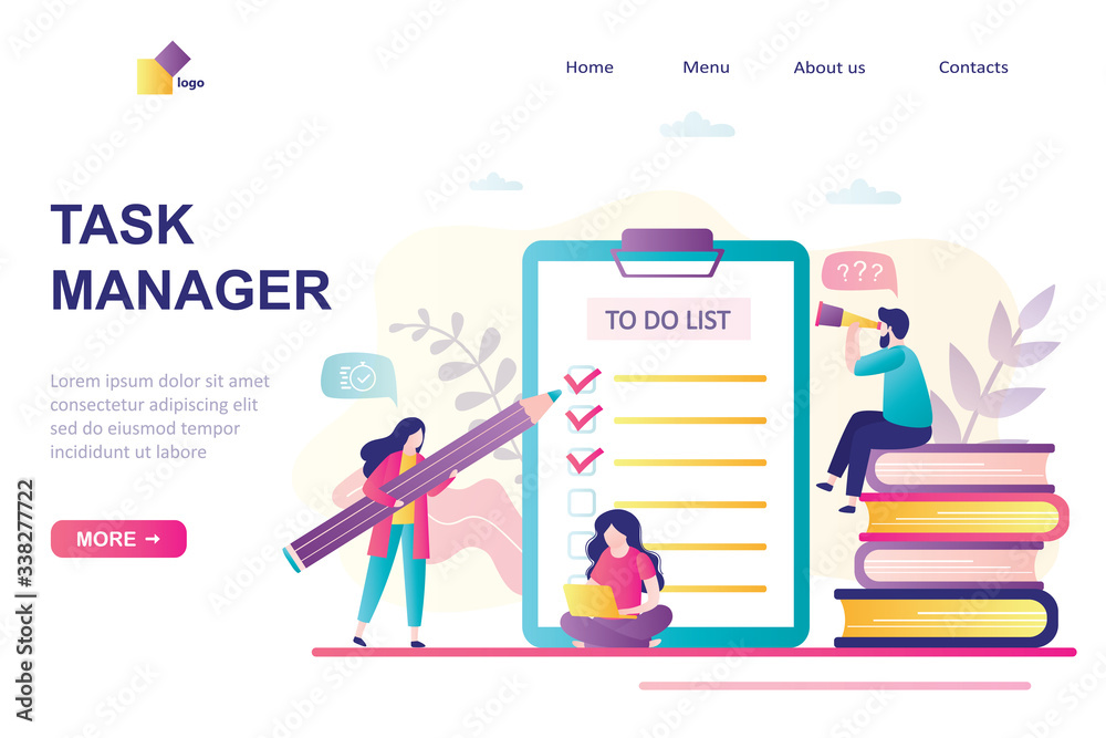 Task manager landing page template. Time management, business persons planning work and check schedule.