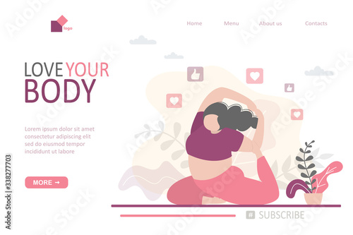 Love your body landing page template. Beauty plump woman sitting in yoga pose. Body positive girl,