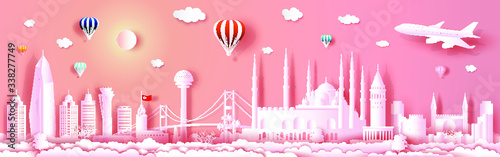 Travel to Turkey landmarks of europe with panorama view architecture on pink background.Traveling city with modern building, skyline, skyscraper, Business brochure modern design.Vector illustration.