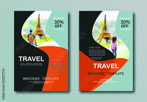 Sample presentation brochure cover design layout space for travel business, Advertising design with watercolor background, Vector illustration template in A4 size for catalog, newsletter, website.