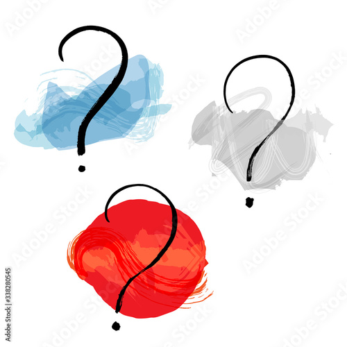 Vector question marks set, hand drawn in ink with watercolor brush strokes, the concept of inquiries, doubts, choice etc