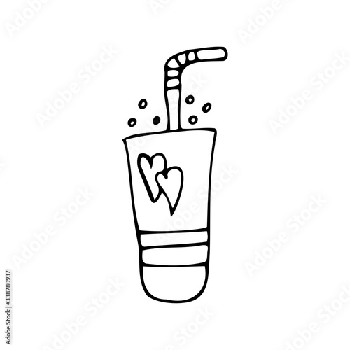 Hand drawn cup with drink and cocktail tube isolated on a white background. Doodle, simple outline illustration. It can be used for decoration of textile, paper.