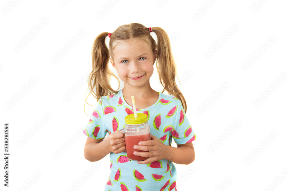 Smiling girl drinking fresh watermelon smoothie. Isolated on white background. The concept of healthy nutrition for children Smiling girl drinking fresh watermelon smoothie. Isolated on white background. The concept of healthy nutrition for children