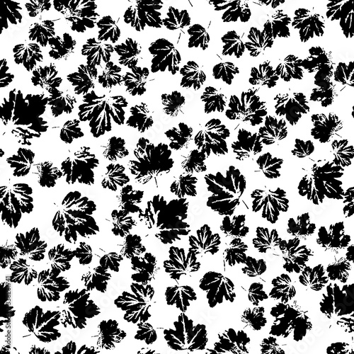 Gooseberry leaves black ink prints seamless pattern. Leaf silhouettes randomly placed on white background. Foliage imprints texture for fabric design or wrapping paper. EPS8 vector illustration.