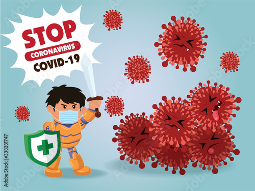 Vector cartoon hero character fighting with virus. COVID-19 Novel Coronavirus illustation. photo