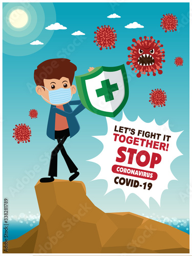 Canvastavla Vector cartoon hero character fighting with virus