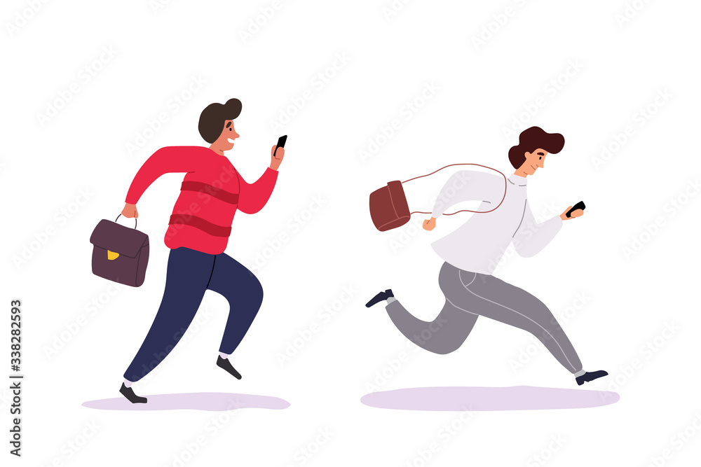 Young men holding smartphones and texting, talking, taking selfie. Flat cartoon colorful vector illustration.