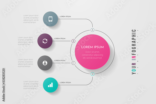 Infographics business process with 4 steps or options circles. Data visualization. Can be used for workflow layout, diagram, banner, web design. Vector illustration.
