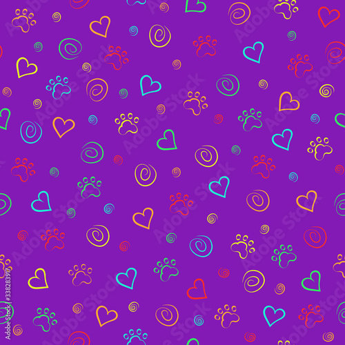 Seamless pattern of paw trace elements heart ornament. Background Wallpaper for children's clothing packaging design. The concept of love for animals.