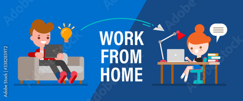 Work from home. Young people, man and woman freelancers working remotely on laptops and computers. People at home in quarantine. Vector cartoon flat style illustration.