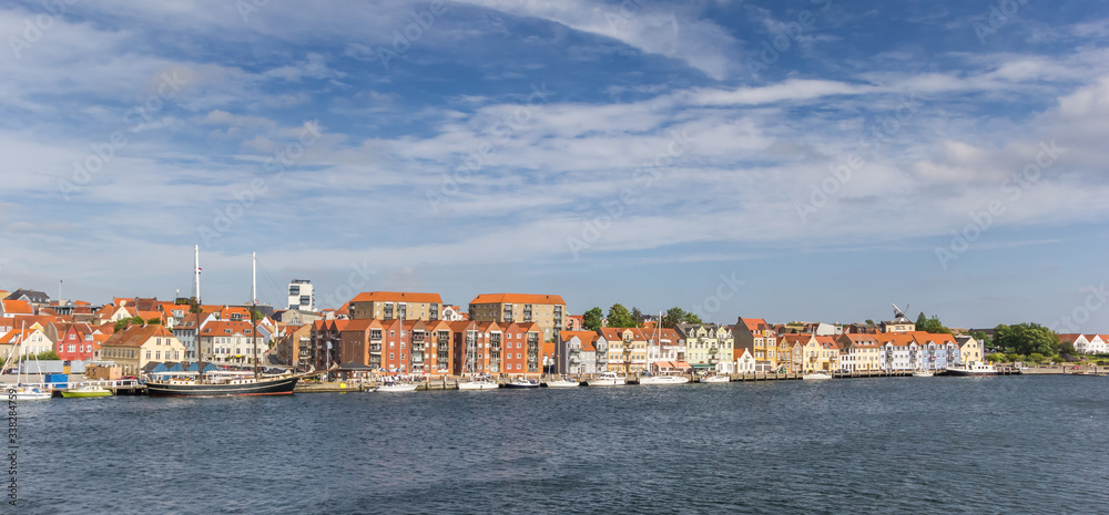 Panorama of ships and old houses at the water in Sonderborg, Denmark