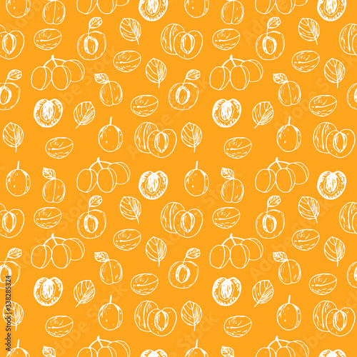Seamless pattern apricots , halves with seeds, twigs and leaves, lettering, vector illustration, white and yellow