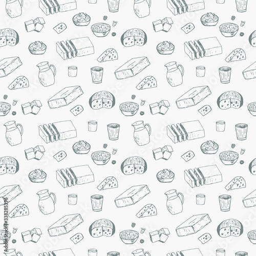 Seamless pattern dairy products, vector illustration, butter, milk, cottage cheese, cheese, cream, yogurt and berries, hand drawing, gray color
