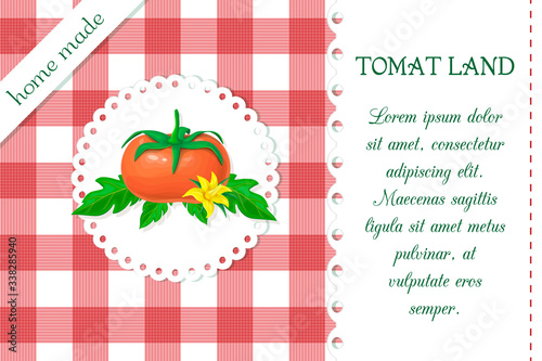 label with big ripe tomato on chequered backdrop in retro country style for package or product design. vector red and white plaid background with tomato. organic food, ketchup or sauce badge template.