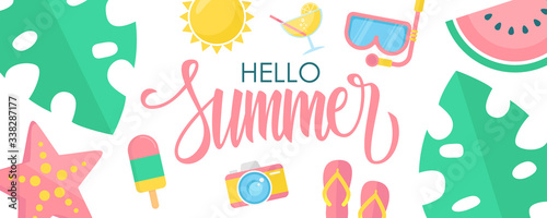 Hello Summer banner flat design with hand drawn lettering  watermelon  diving mask  ice cream  flip flops  starfish and summer sun. Vector illustration.