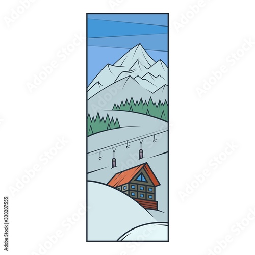 Ski resort, chalet, mountains in the snow. Ski lift.