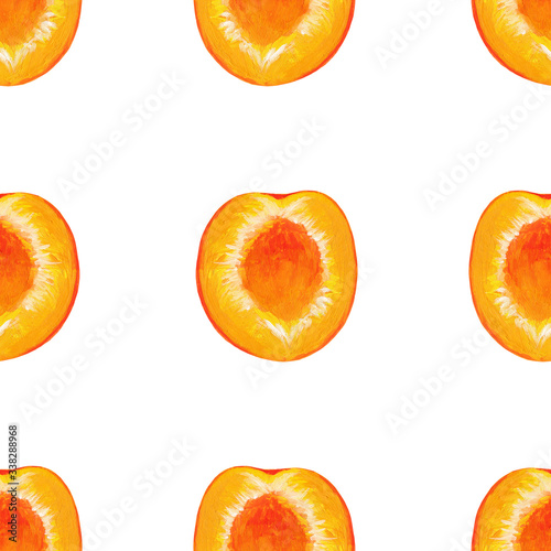 seedless apricot half - seamless pattern isolated on white background. Square raster with apricot pulp. Seamless print in realistic style.