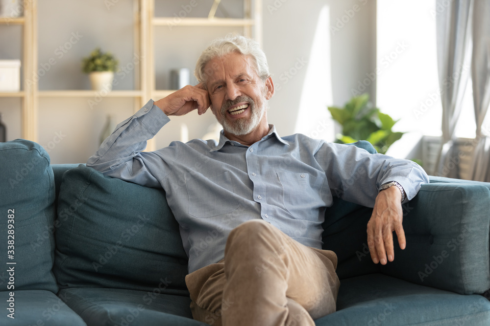 Portrait smiling mature man sitting on couch alone in modern living room at home, happy excited older male with healthy toothy smile looking at camera, posing for photo on cozy sofa Portrait smiling mature man sitting on couch alone in modern living room at home, happy excited older male with healthy toothy smile looking at camera, posing for photo on cozy sofa