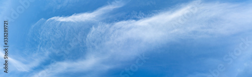 Panorama: White cirrus cloud on blue sky background, Fluffy texture, Abstract smoke