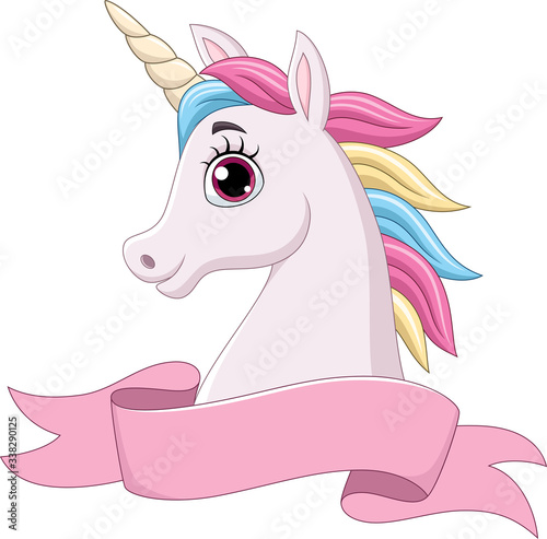 Cartoon unicorn head with pink ribbon